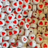 7mm Plastic White Bead Spacers Red Hearts